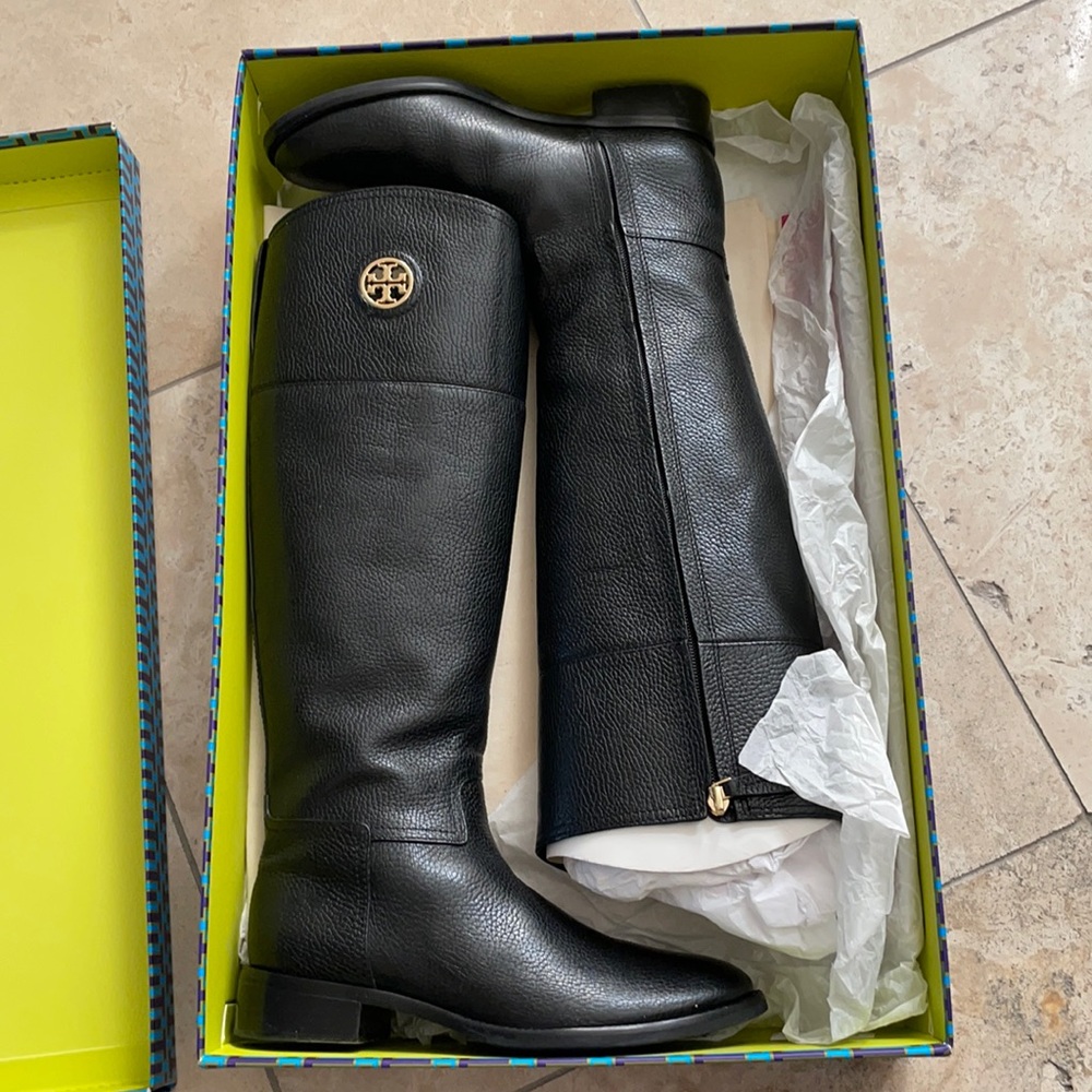 Tory Burch black riding boots tumbled leather size 8